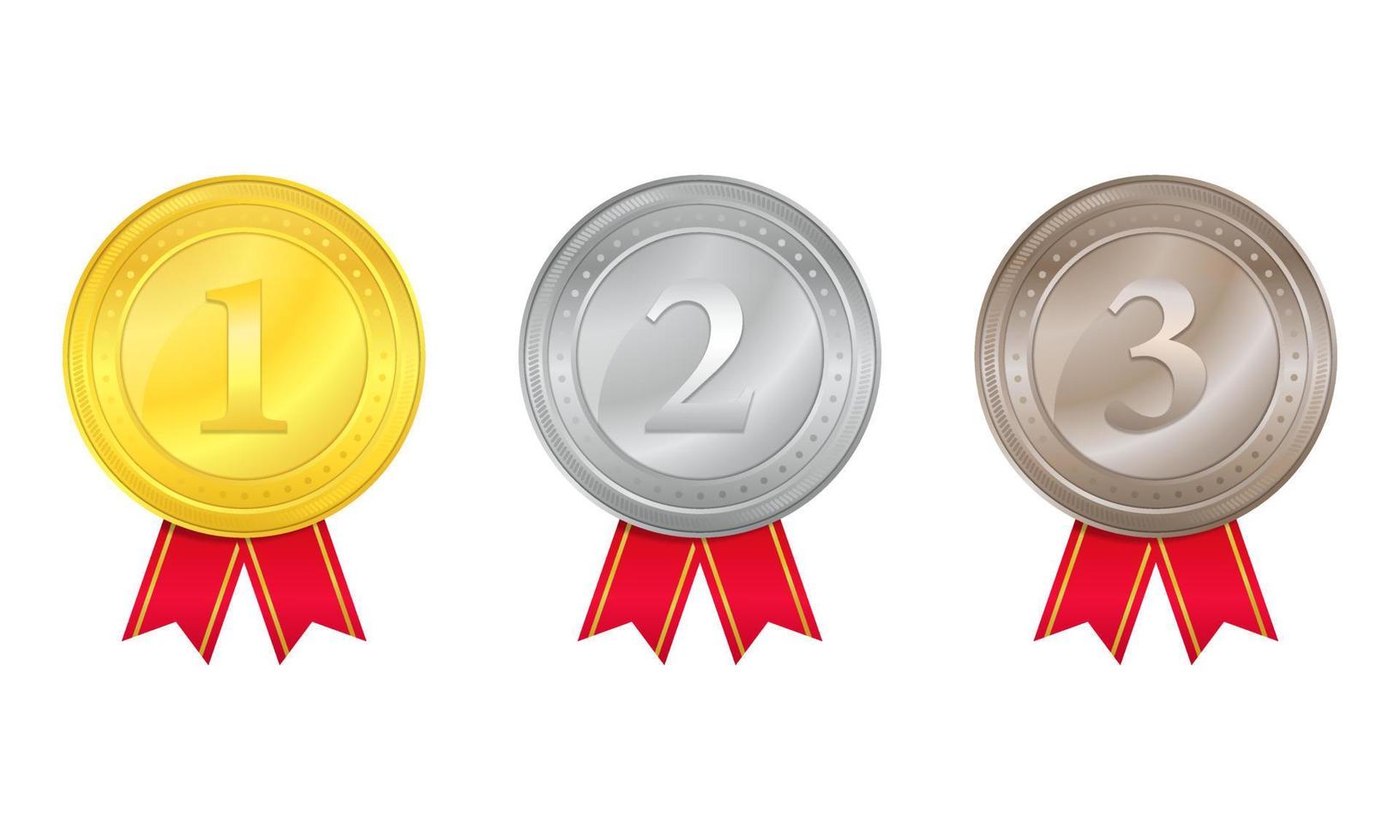 gold, silver, bronze medals with red ribbons vector