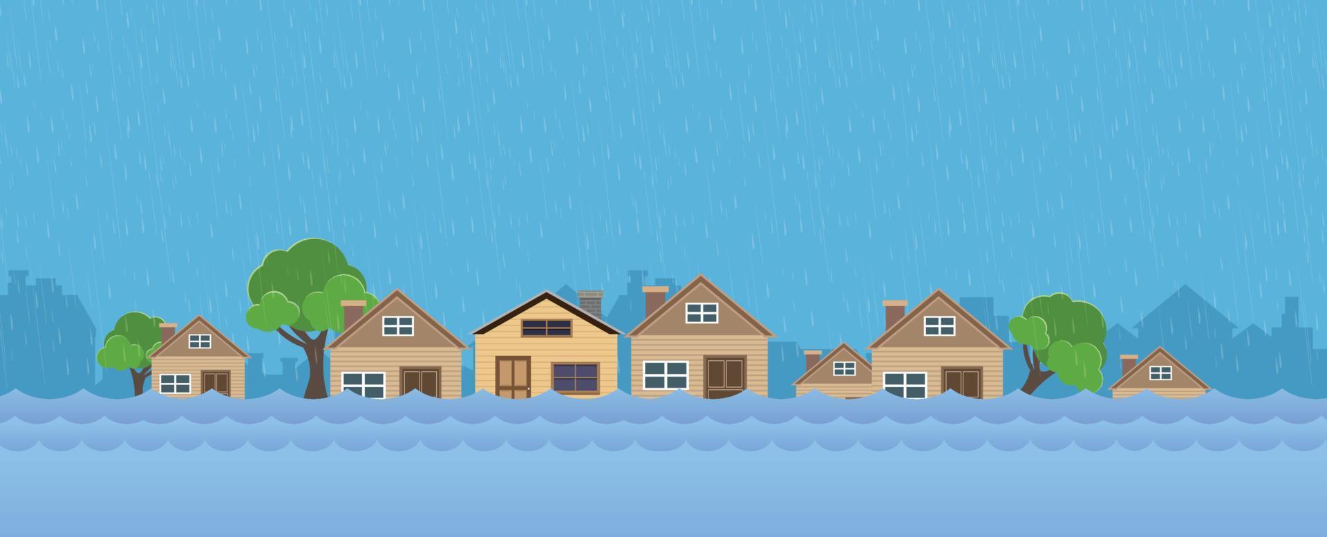 inundación desastre natural con casa, fuertes lluvias y tormentas, daños en el hogar, nubes y lluvia, inundación de agua en la ciudad, pancarta horizontal. vector