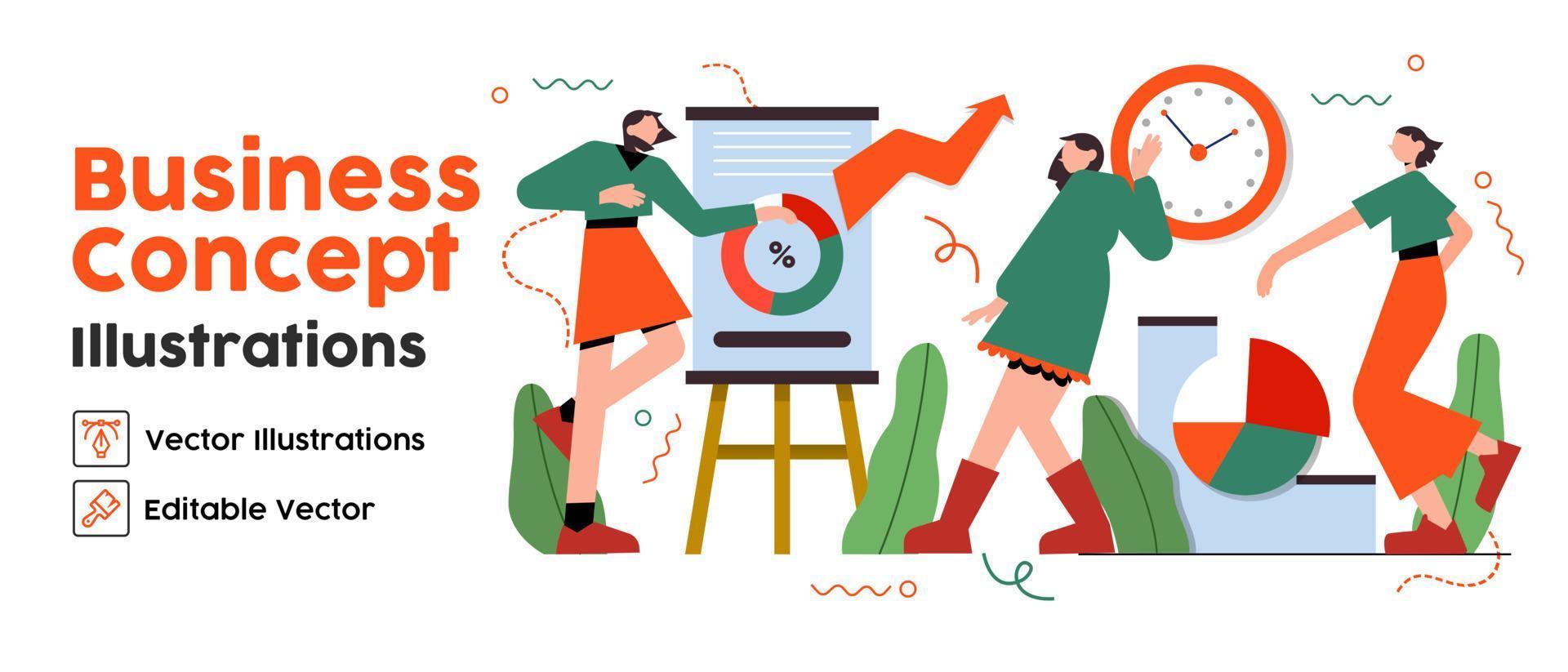 Business Concept illustrations. set Collection of scenes with women taking part in business activities. Vector illustration