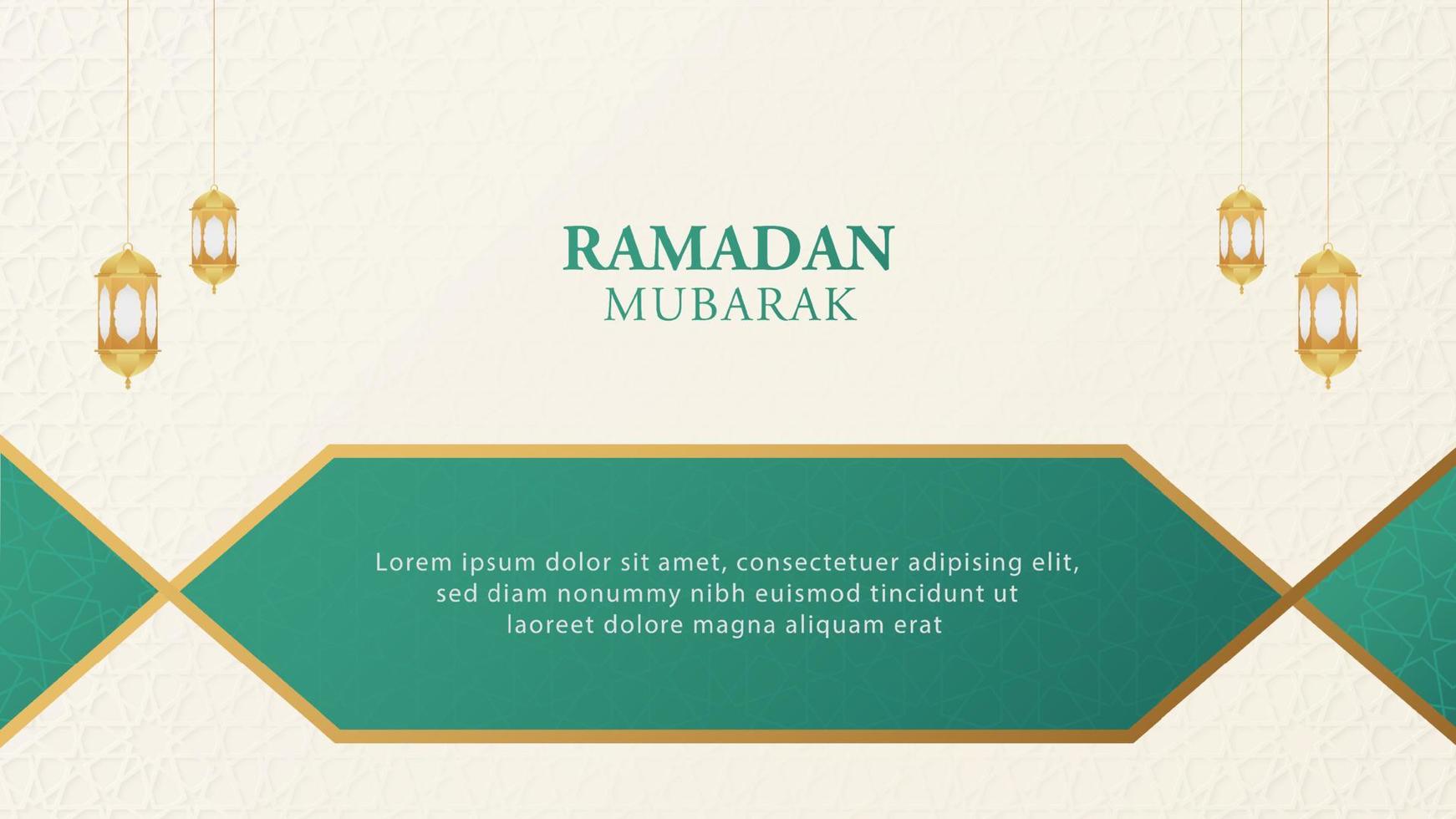 Ramadan Mubarak Islamic Arabic Green and White Background with Geometric pattern and Lanterns vector