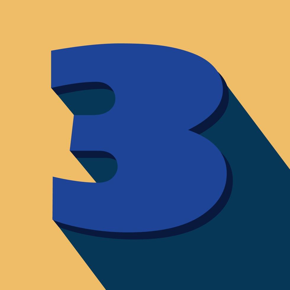 Numbers three, 3 long shadows on orange background with blue color. vector