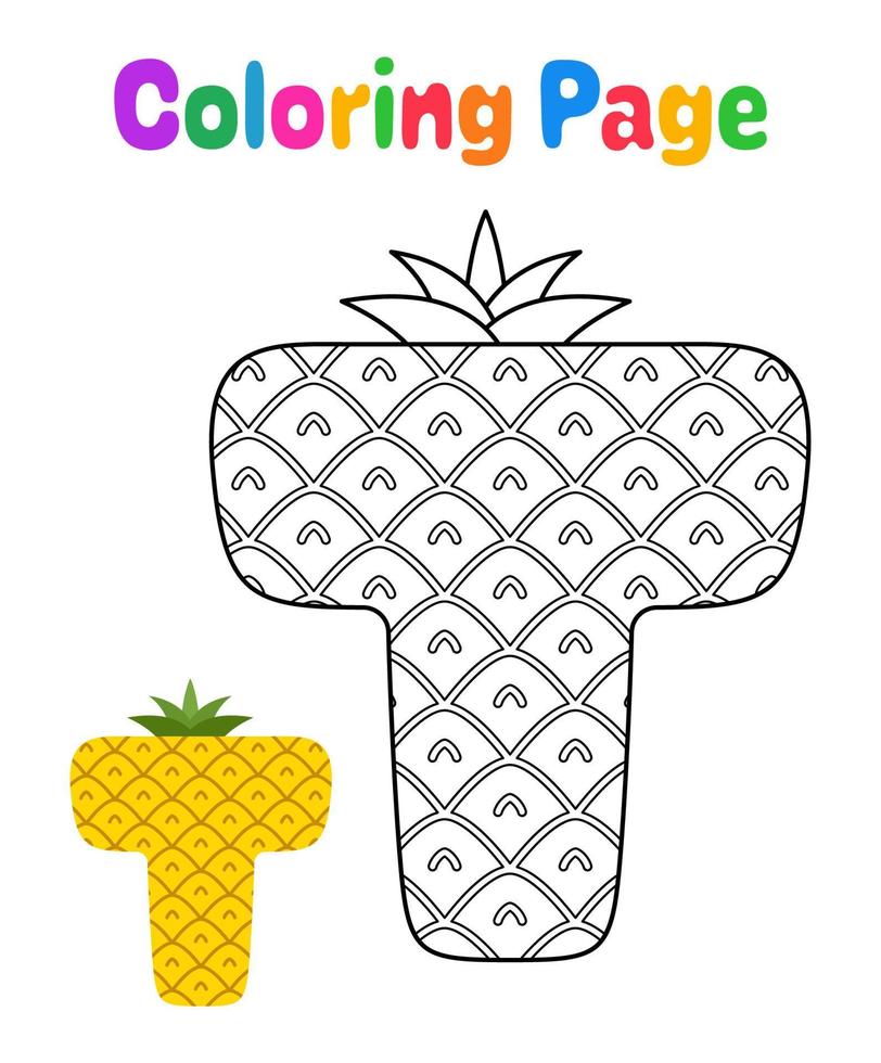 página para colorear con el alfabeto t para niños vector