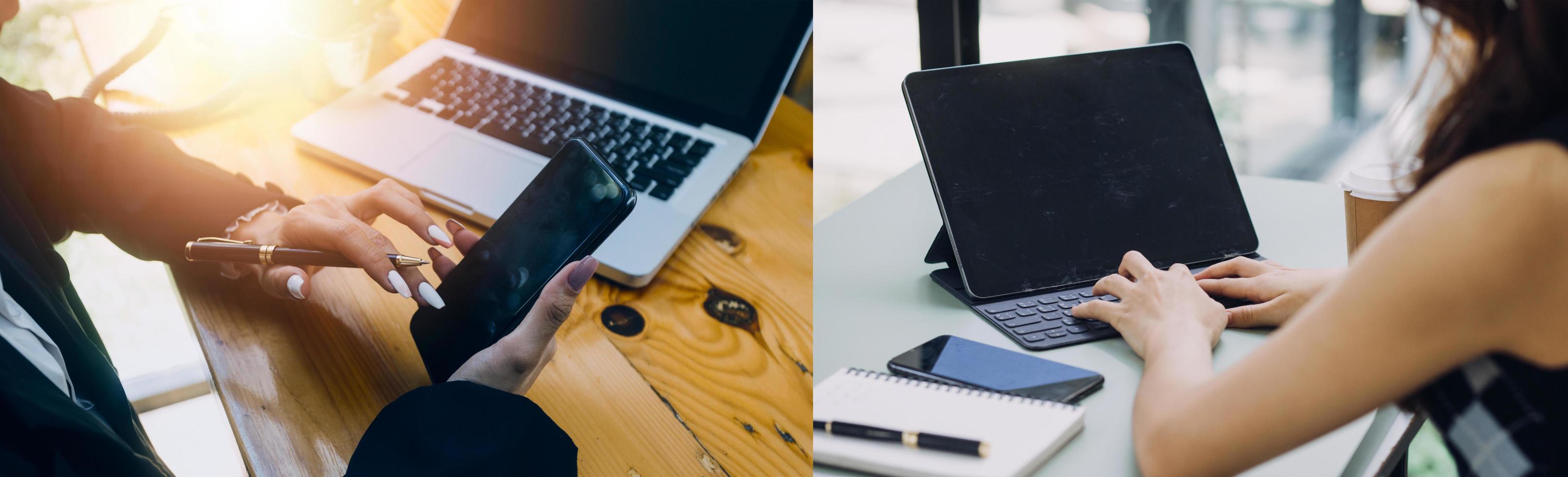 Businessman and team analyzing financial statement Finance task. with smart phone and laptop and tablet. Wealth management concept photo