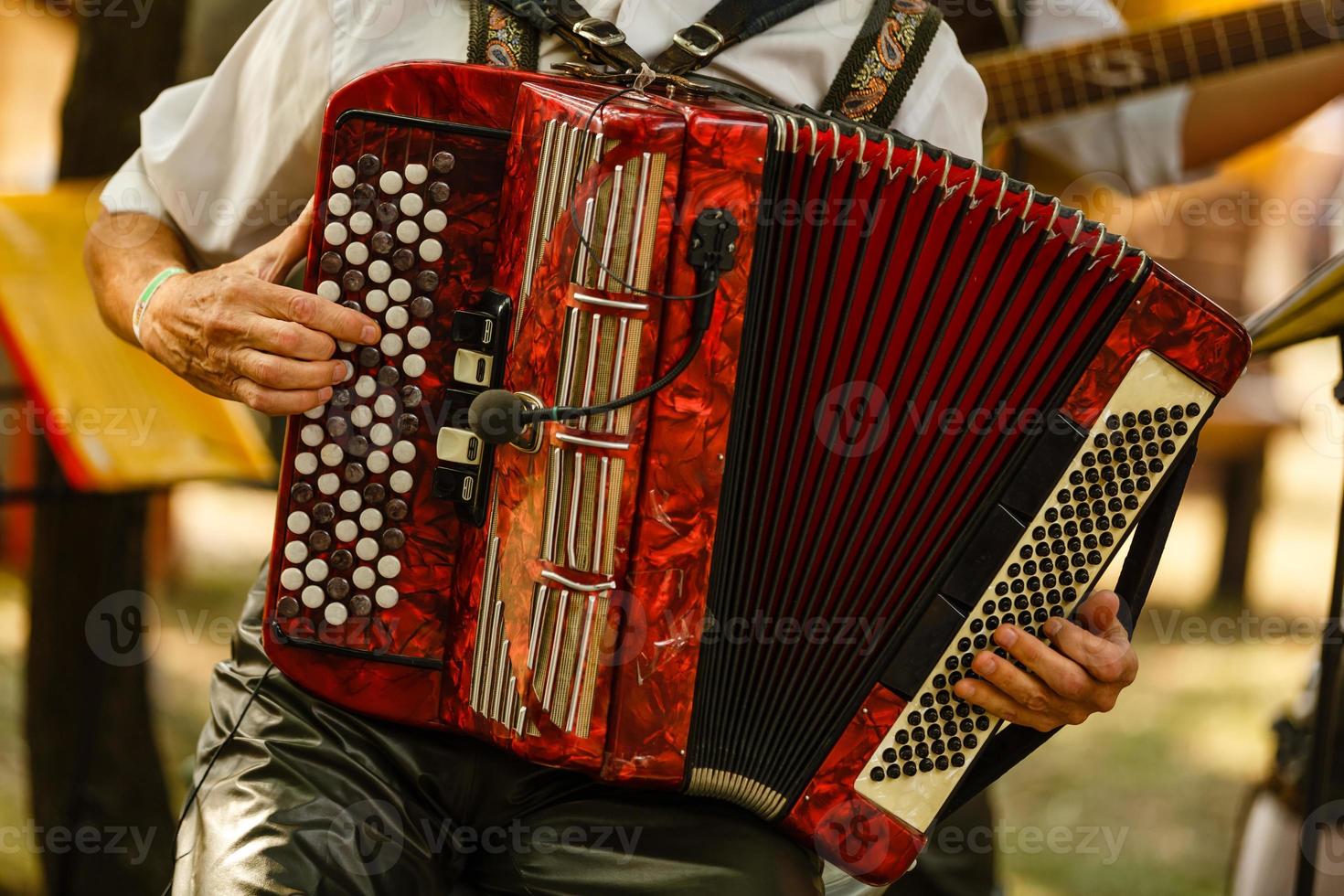 Male playing on the accordion against a grunge background photo