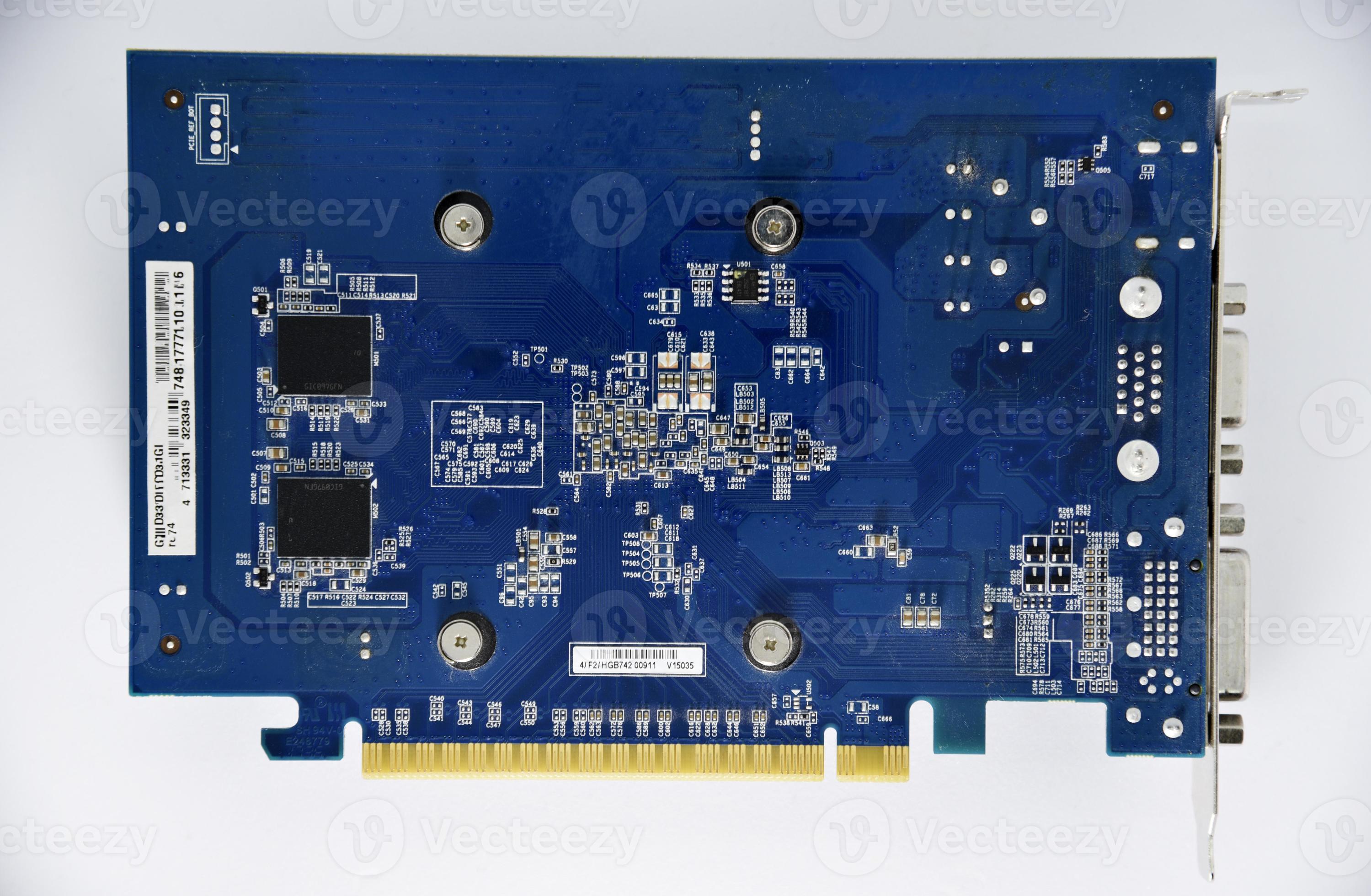 Electronic graphics card board with chips and radio elements. The