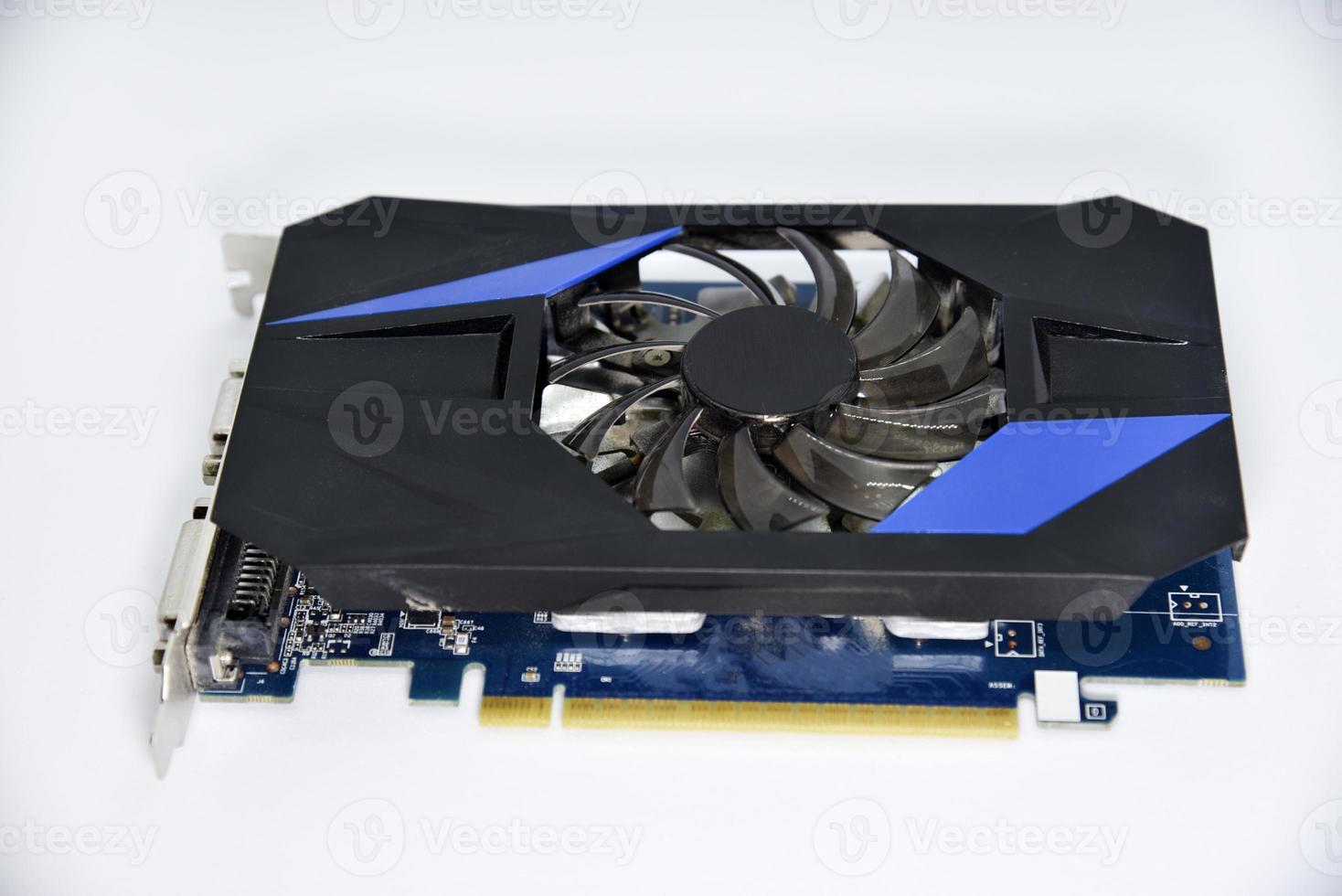 Blue graphics card with one fan on a white background. Accessories for computers. An electronic device. photo