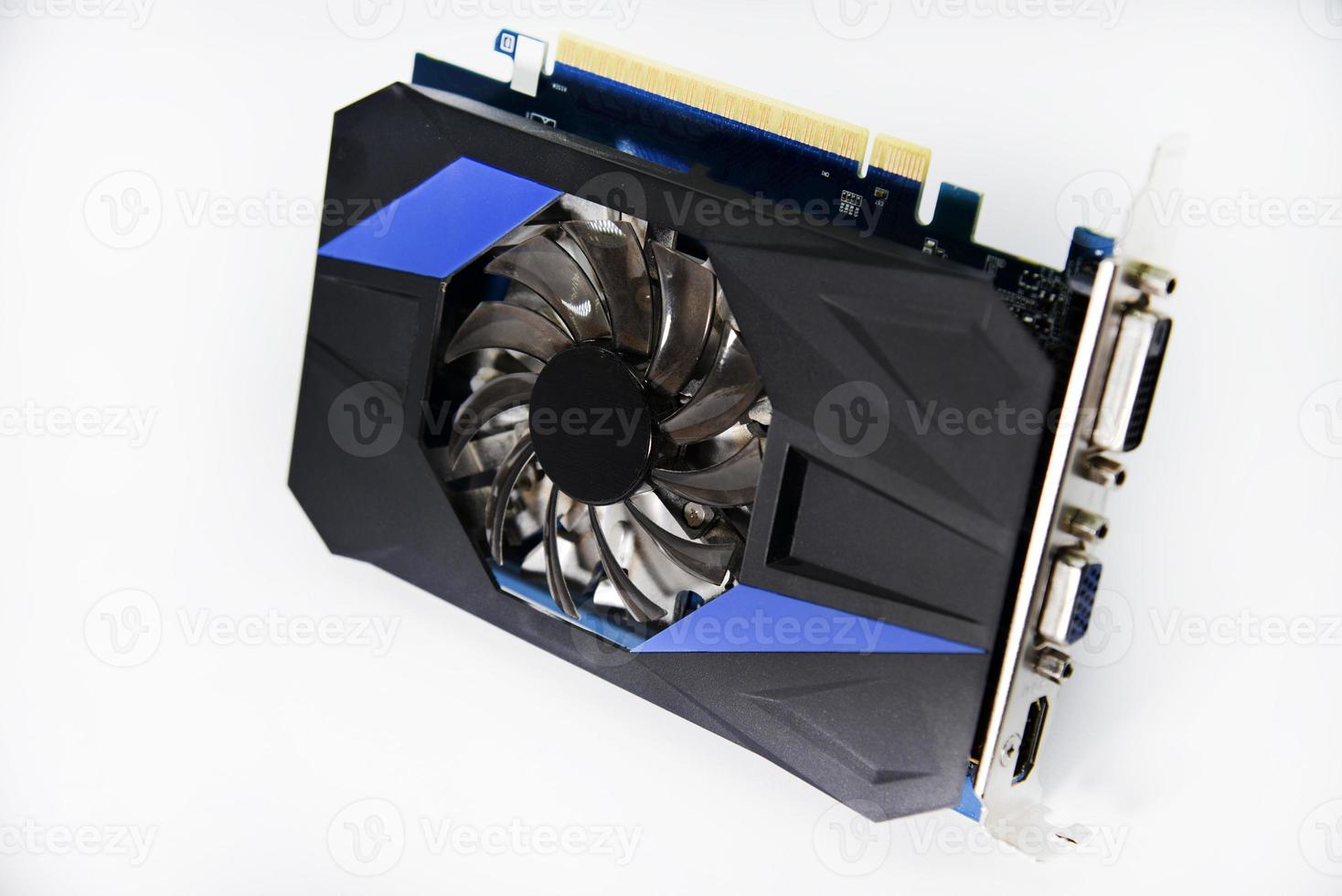 Blue graphics card with one fan on a white background. Accessories for computers. An electronic device. photo