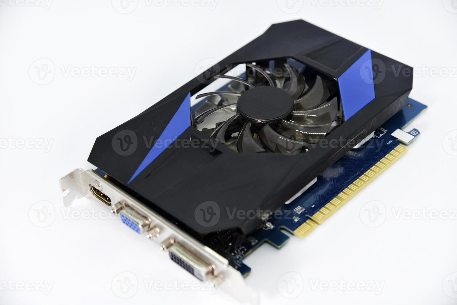 Blue graphics card with one fan on a white background. Accessories for computers. An electronic device. photo