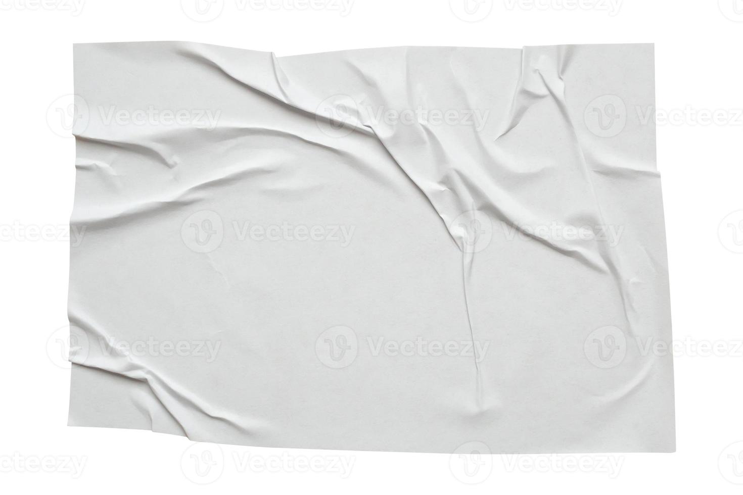 Blank white crumpled and creased paper sticker poster texture isolated on white background photo