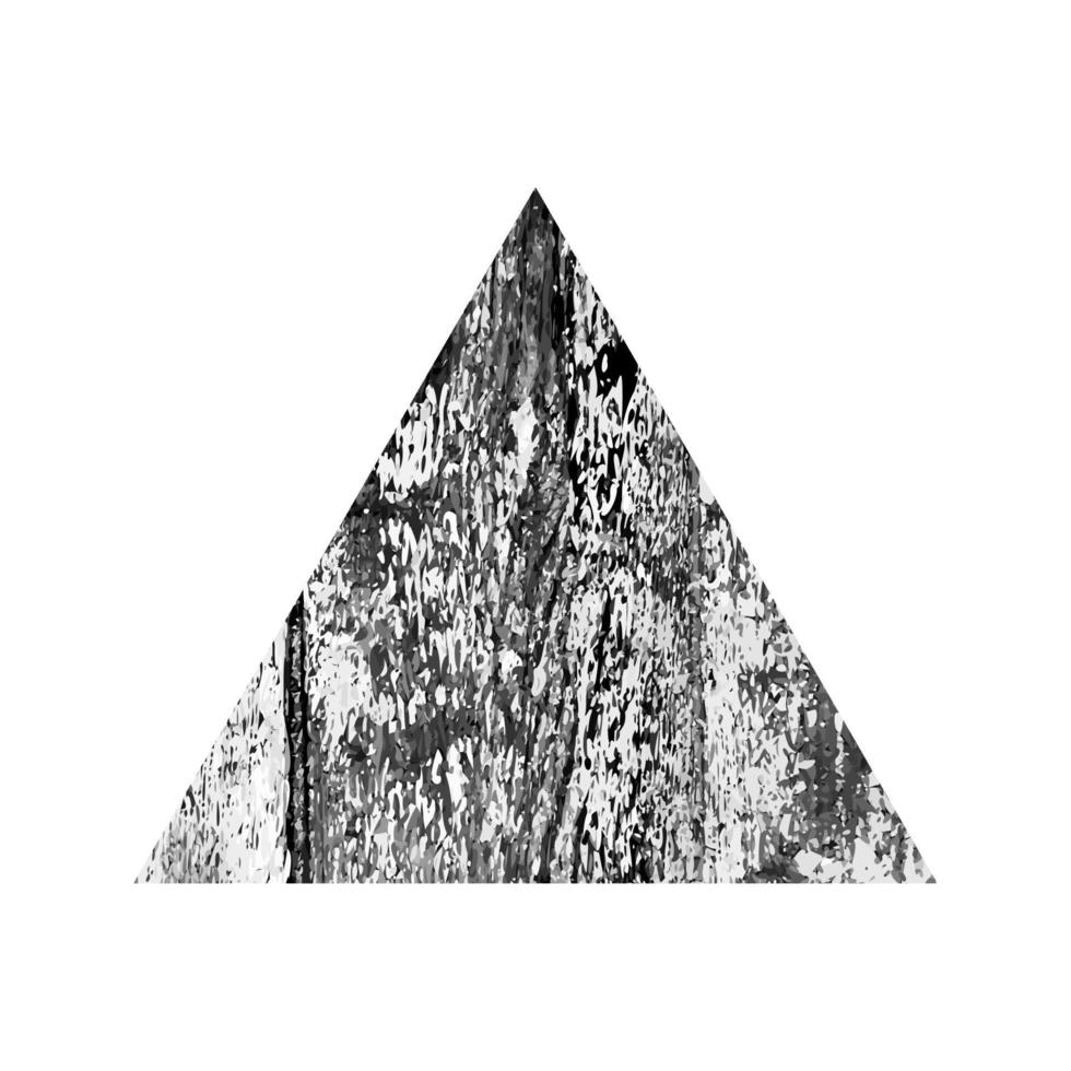 Scratched triangle. Dark figure with distressed grunge wood texture isolated on white background. Vector illustration.