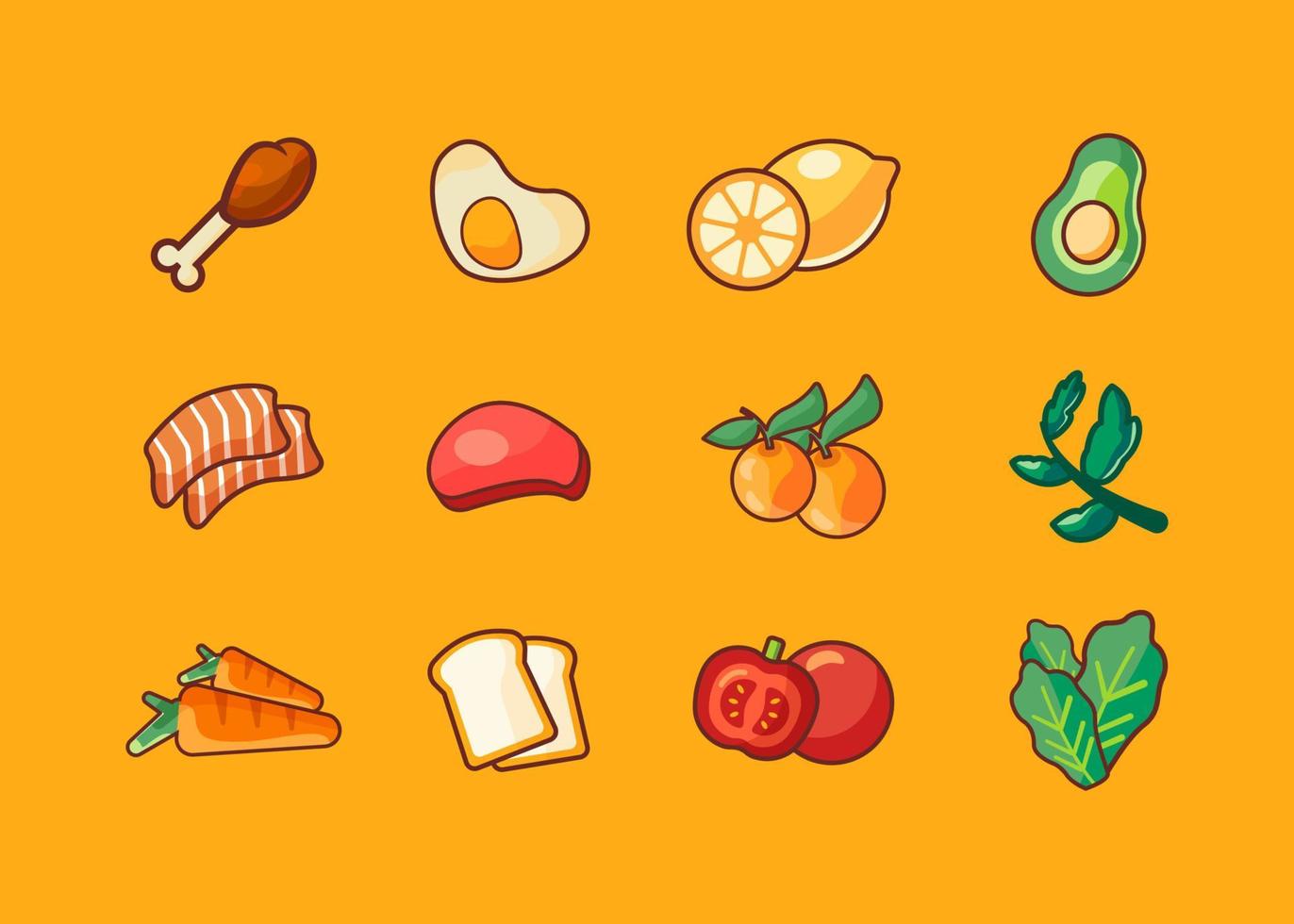 Healthy food, fruit and vegetables icon pack vector