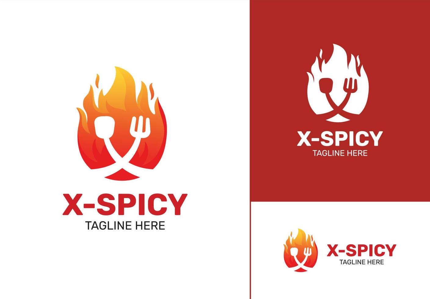 Fire logo design with spoon and fork in negative space, modern vintage logo style vector