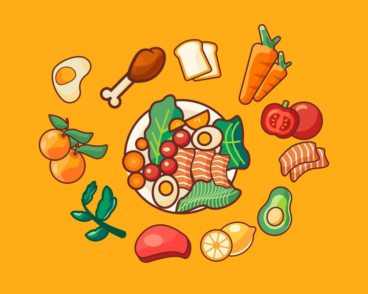 Healthy food, fruit and vegetables pack illustrations on plate vector