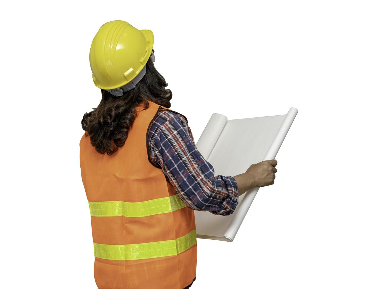 Asian engineer woman standing to planning work isolated on white background with clipping path. photo