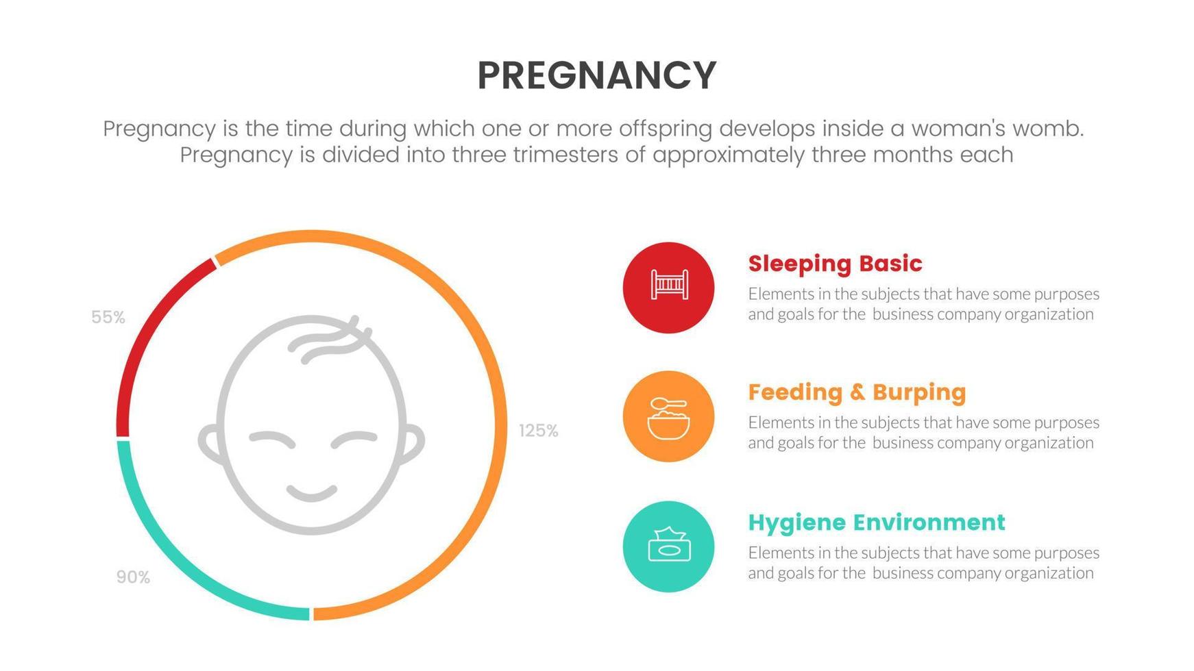 baby things circle percentage for pregnant or pregnancy infographic concept for slide presentation with 3 point list vector