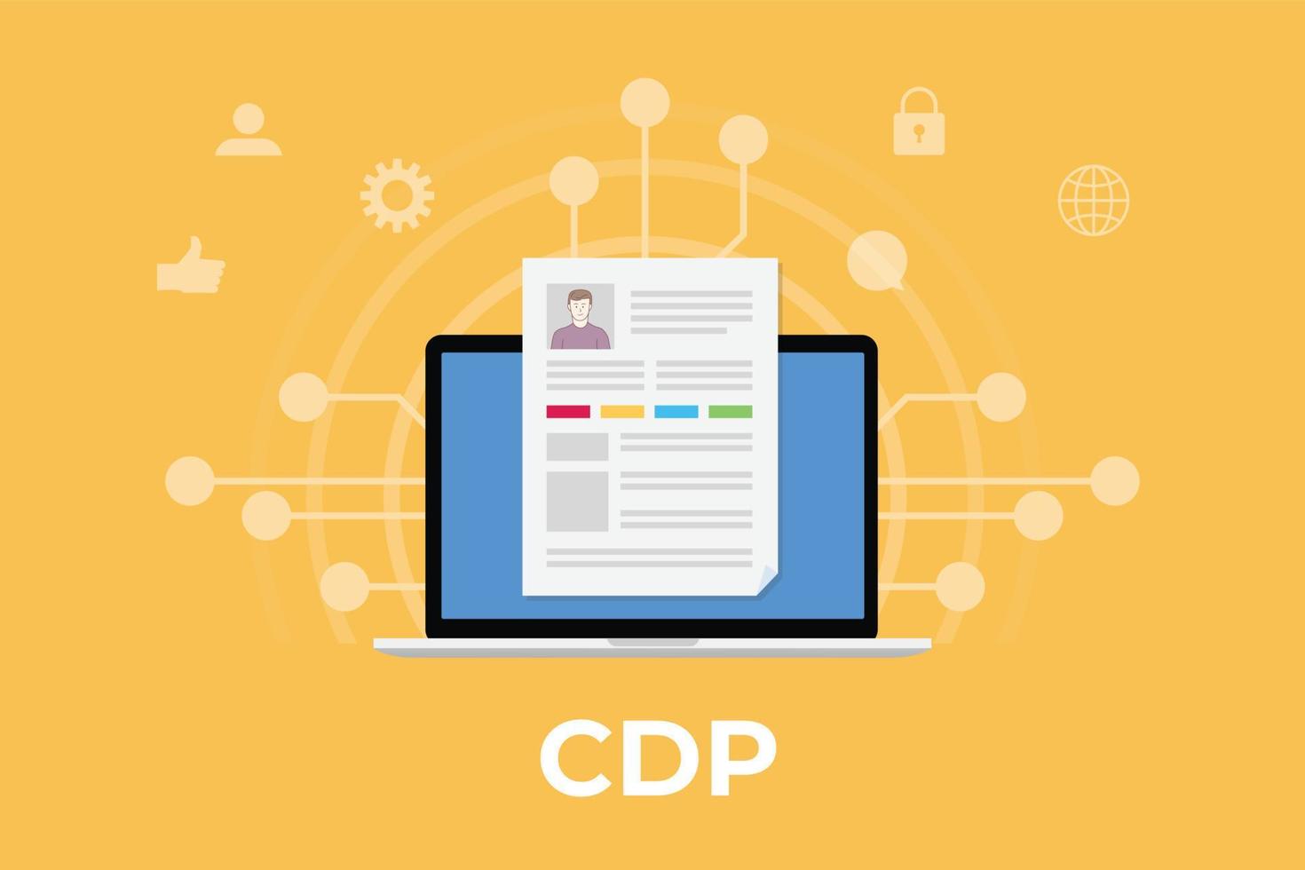 cdp customer data platform concept with laptop and customer data profile with some related icon with modern flat style vector