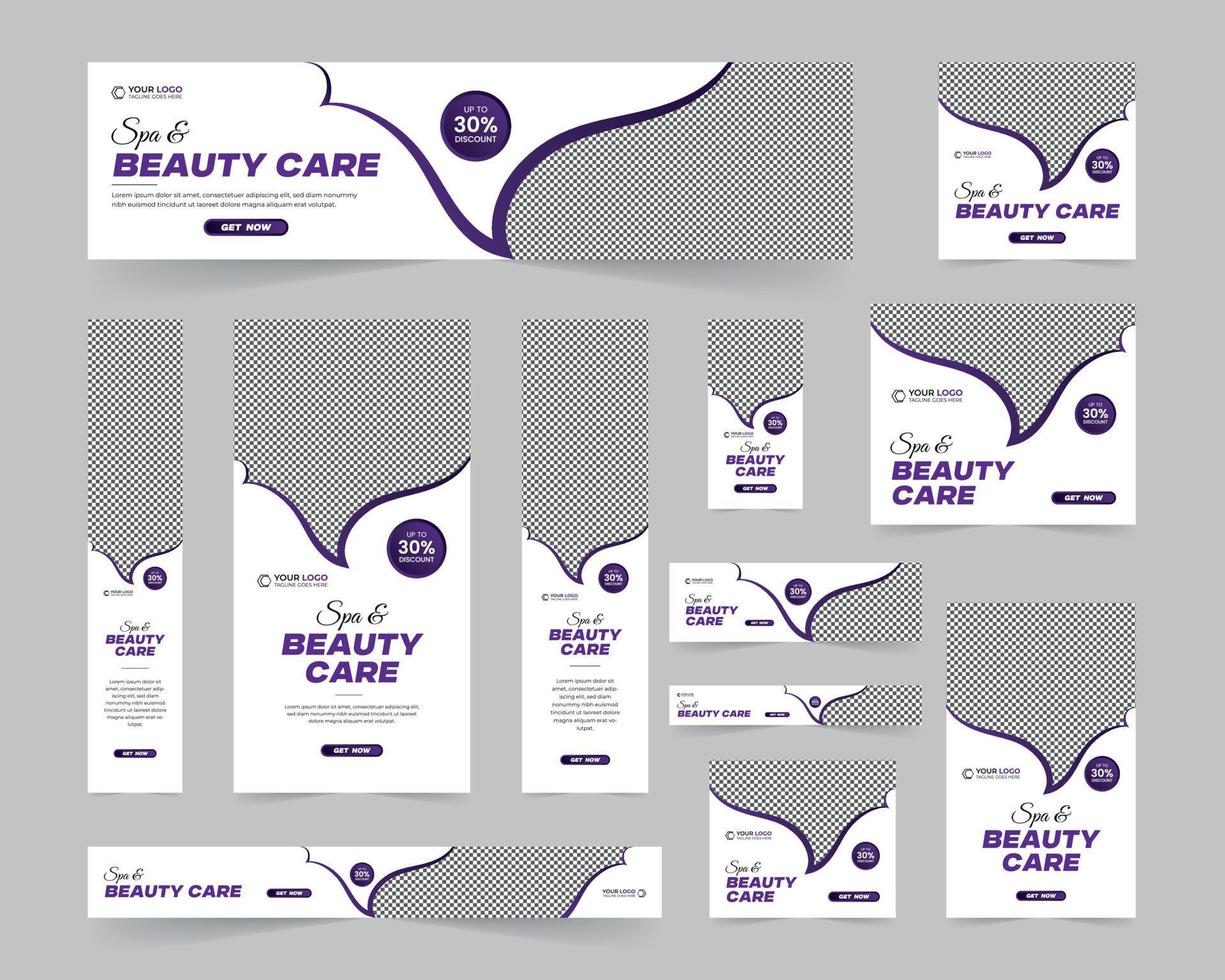 Modern Spa Beauty Care standard size web banners set, Business ad banner cover header background for website design, Social media cover ads discount banner template vector