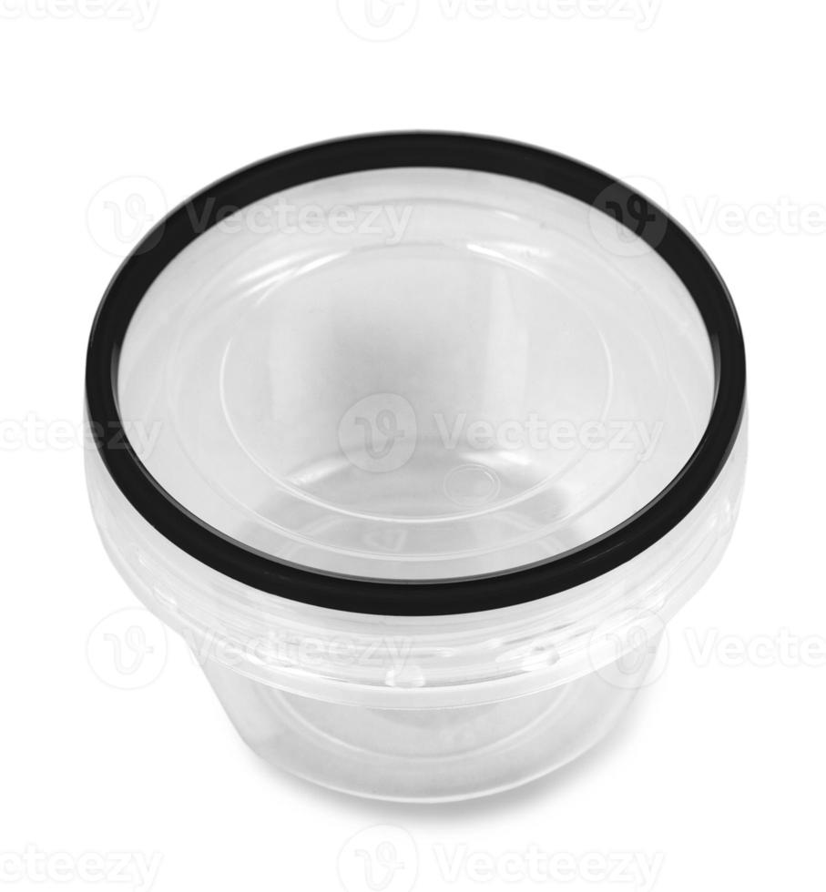 Transparent plastic food container with blue cap. Catering food packaging. photo
