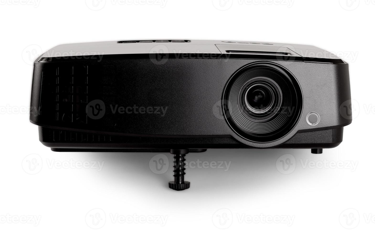 black multimedia projector on white background. Close up photo