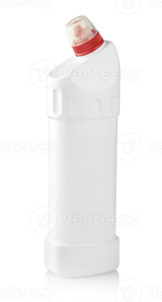 Photography of white plastic bottle with liquid laundry detergent, cleaning agent, bleach or fabric softener - isolated on white background photo