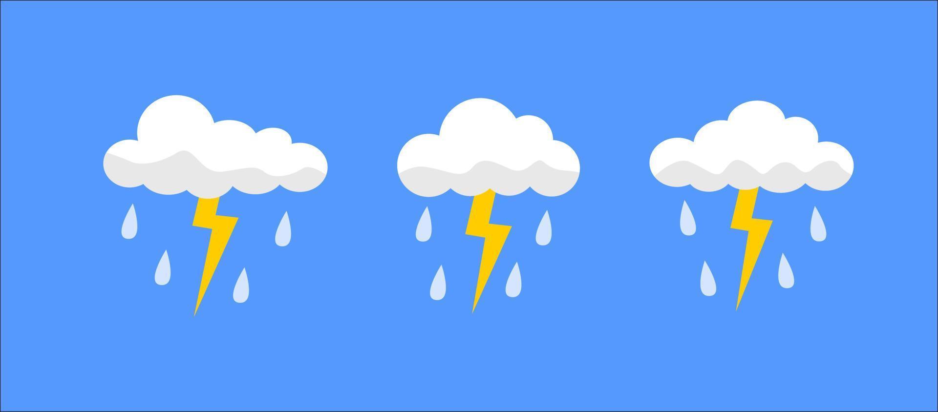 ilustración gráfica vectorial de nubes y relámpagos con gotas de lluvia sobre fondo azul vector