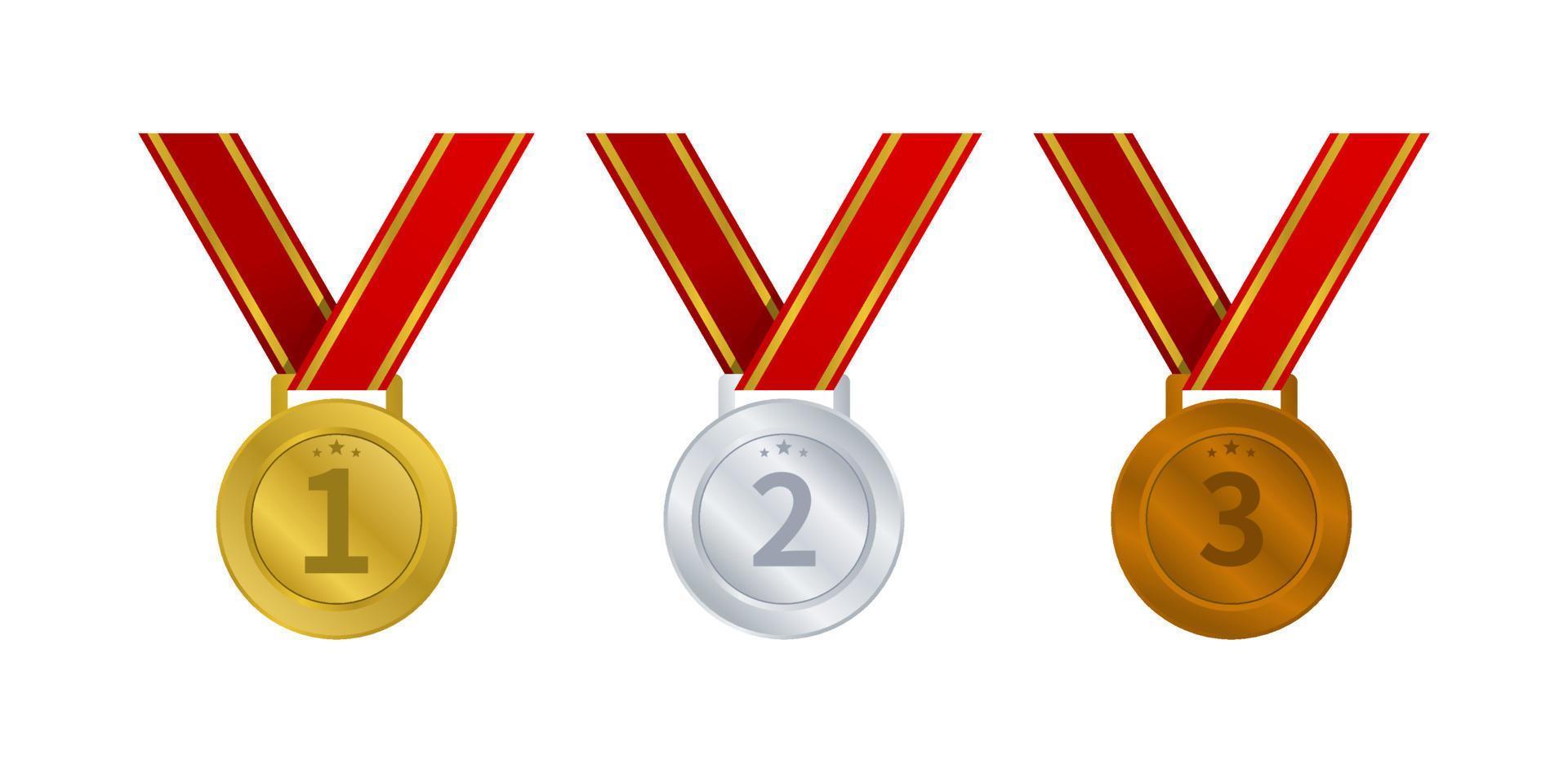 Gold, silver, and bronze medals with red ribbon, medal for victory