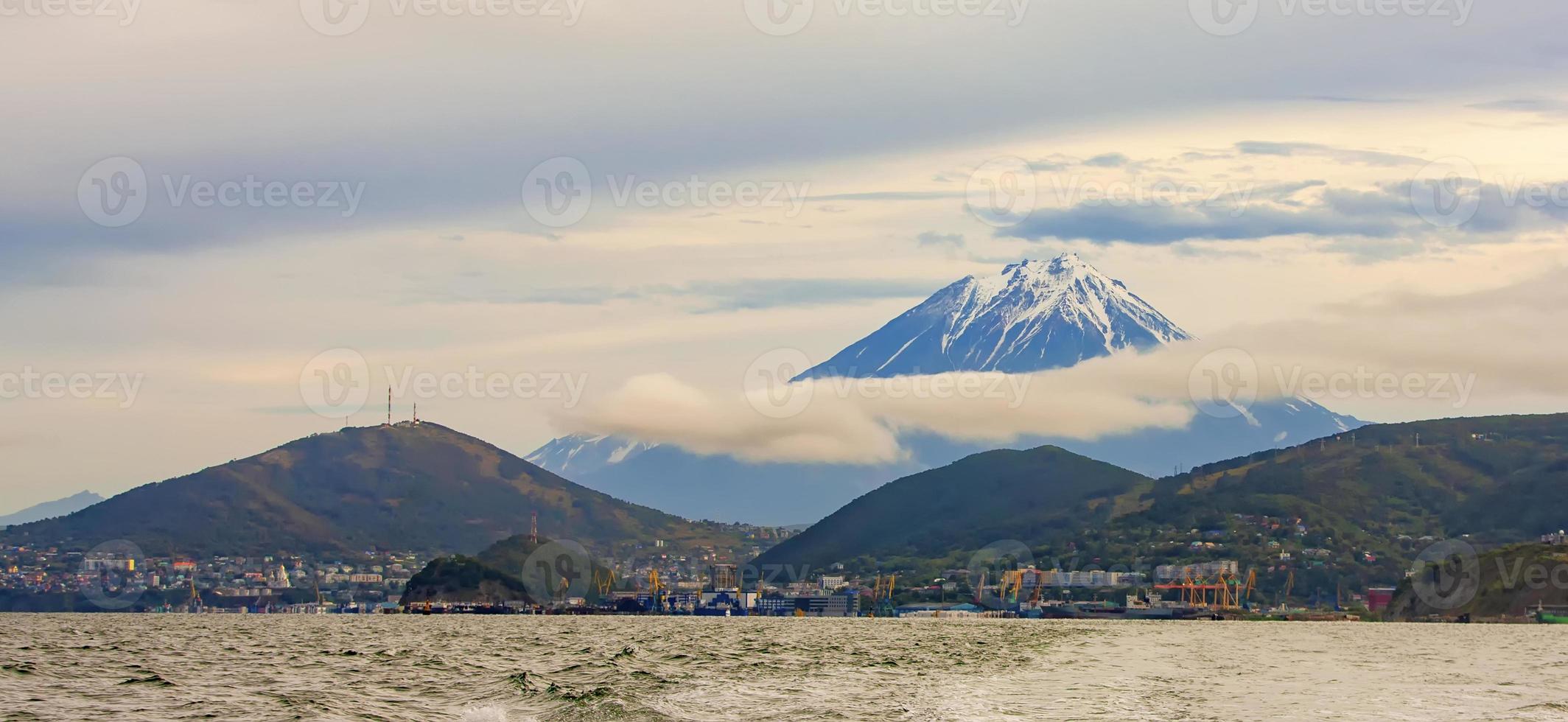 The Panoramic view of the city Petropavlovsk-Kamchatsky and Koryaksky Volcano photo