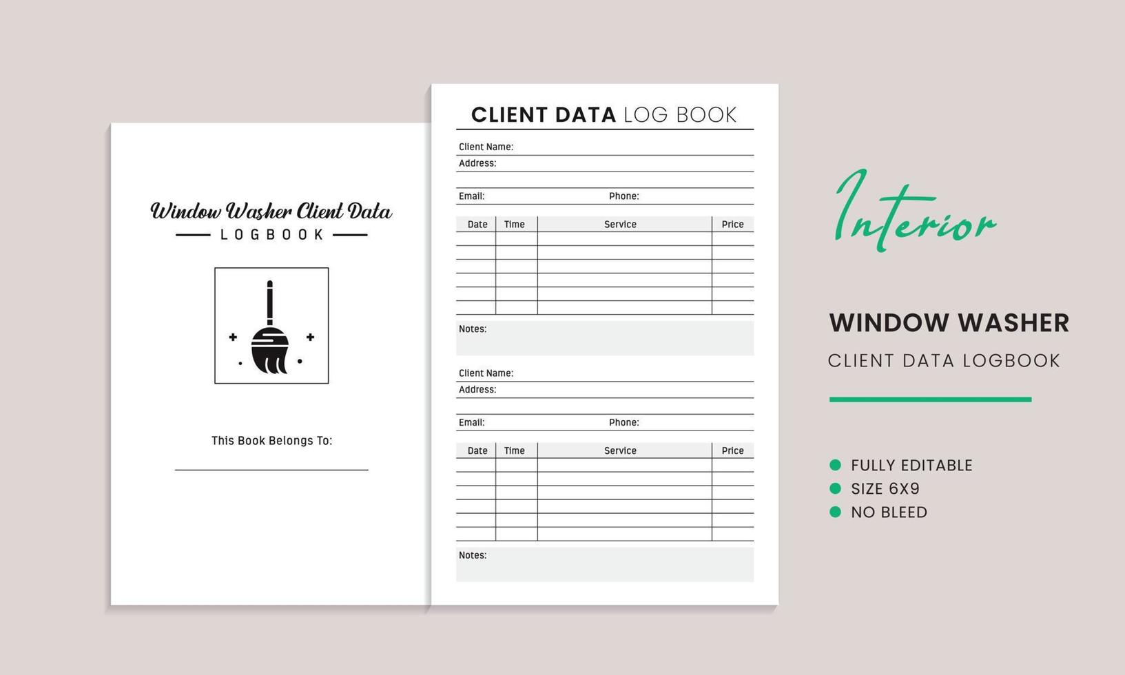 Window washer client data log book interior template vector