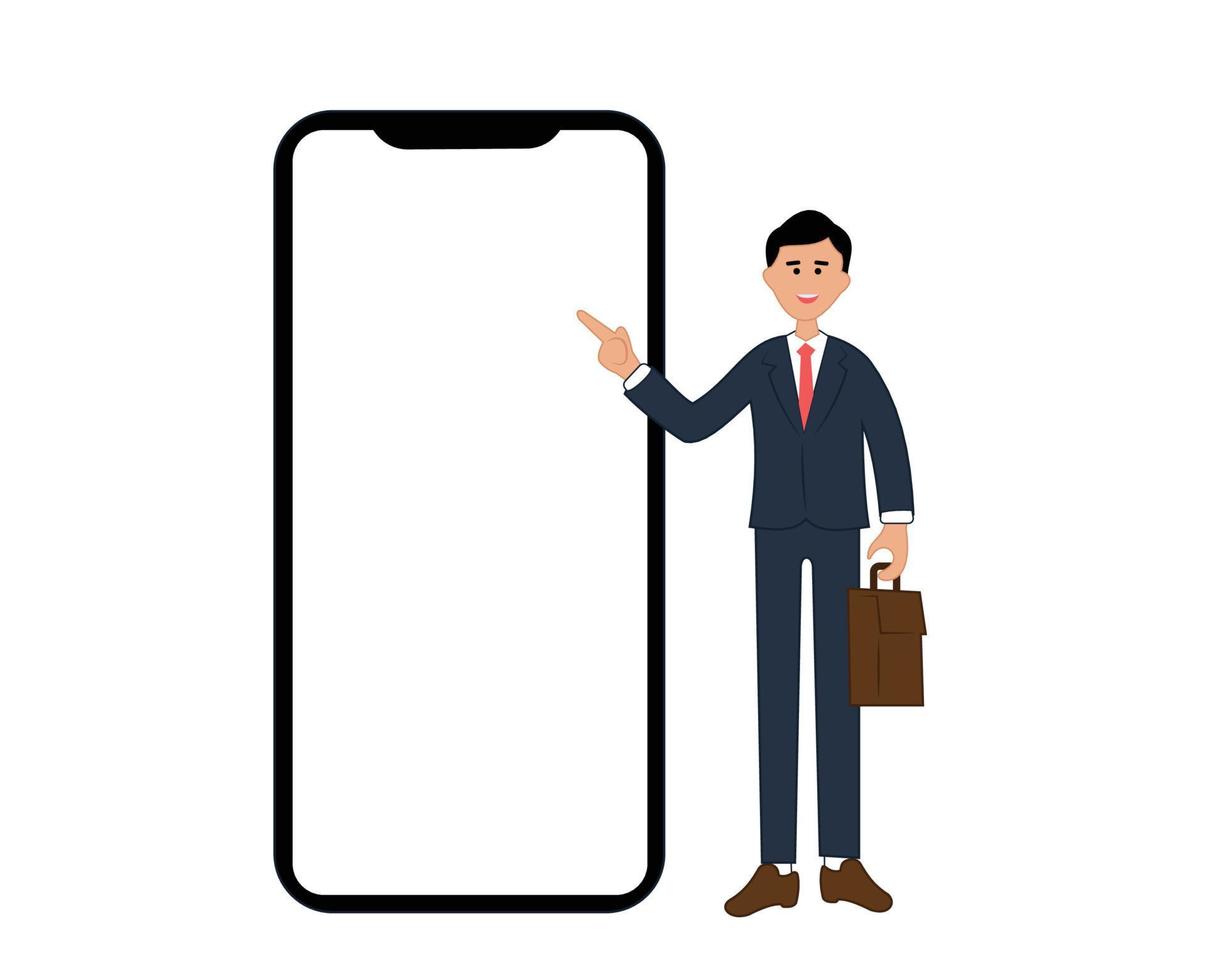 retrato de hombre de negocios sonriente con teléfono grande. ilustración de un hombre de pie de dibujos animados en traje con una bolsa apuntando con el dedo a la pantalla, aislado en el fondo blanco vector