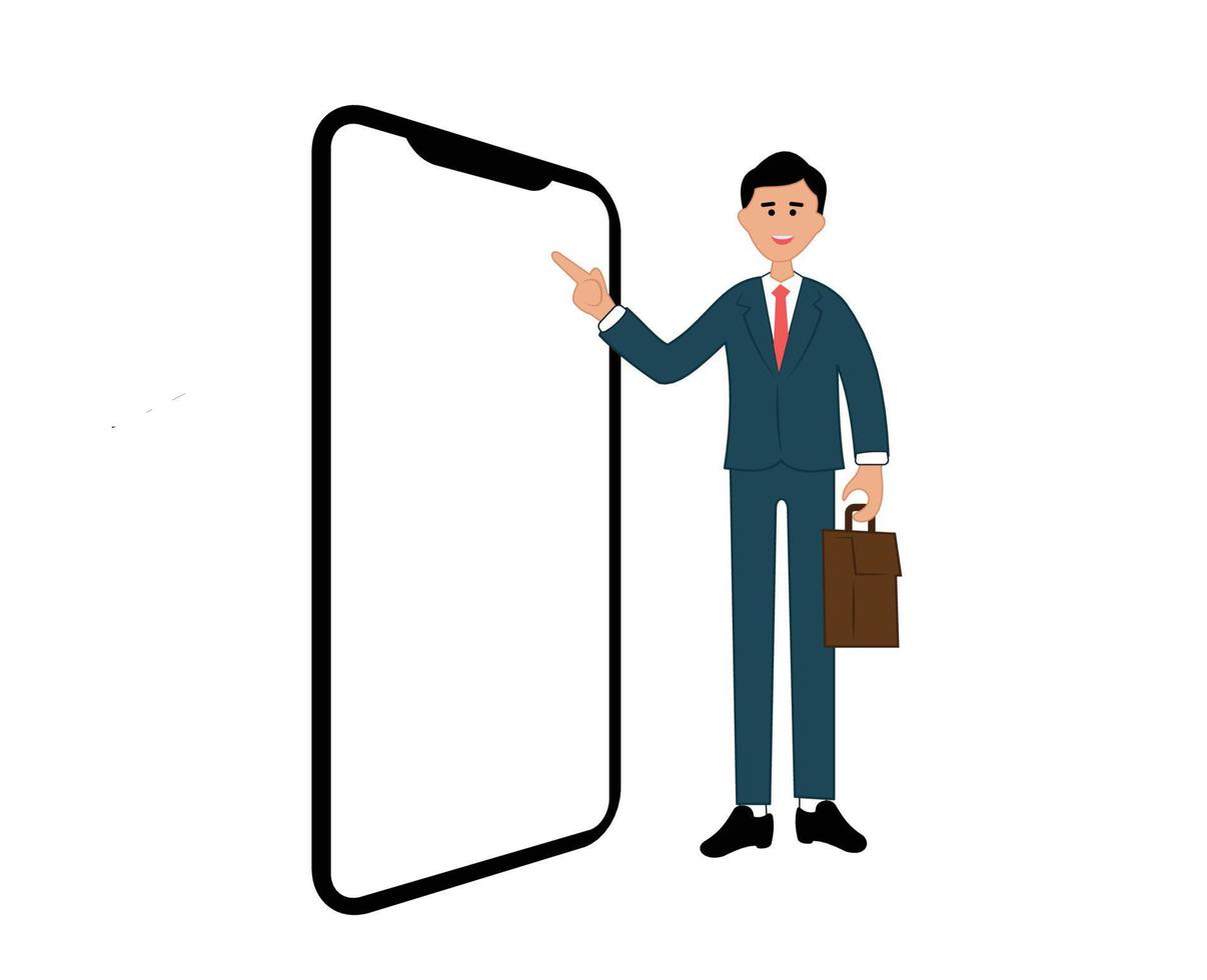 retrato de hombre de negocios feliz sonriente con teléfono grande. ilustración de un hombre de pie de dibujos animados señalando con el dedo a la pantalla vector