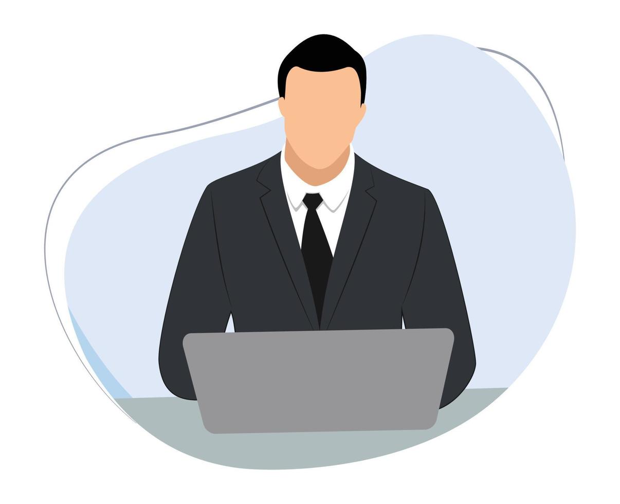 man in suit sitting working on laptop. businessman sitting working in front of laptop. flat vector illustration working on a laptop