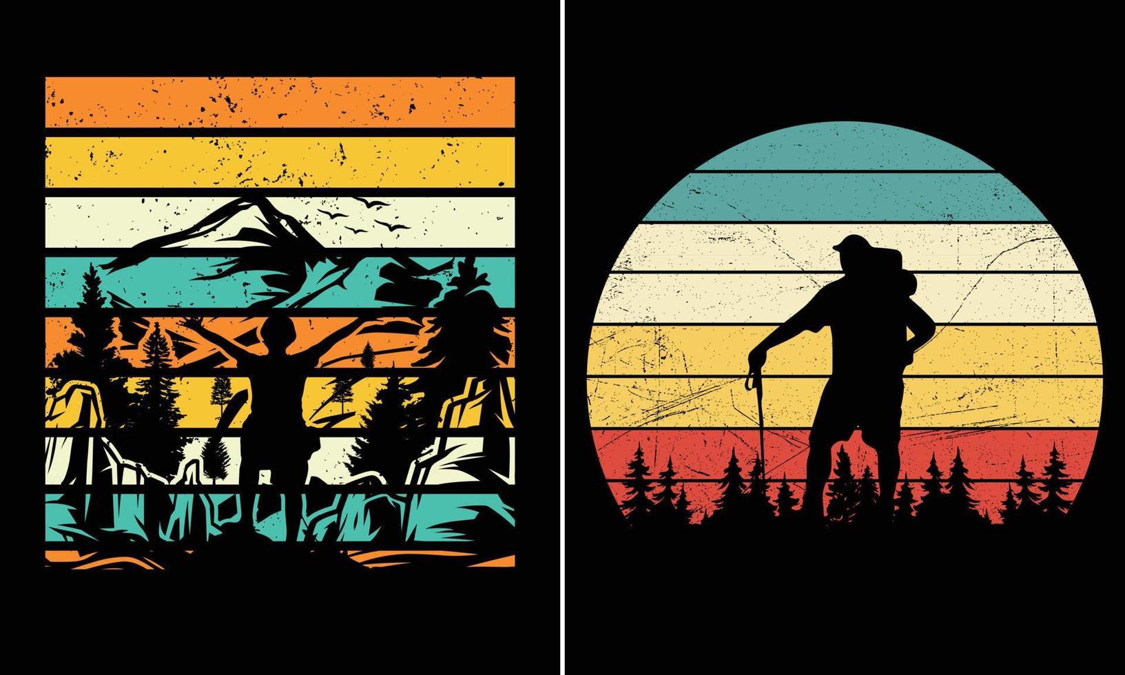 gráfico de camiseta de senderismo retro vintage puesta de sol para su tienda de impresión bajo demanda vector