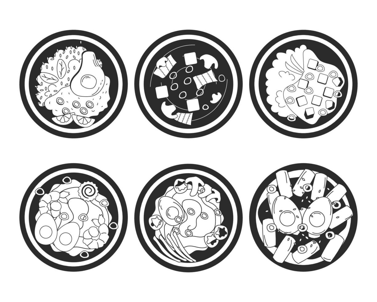 Set collection of six  traditional asian dishes in black and white. Food concept. Vector stock illustration isolated on white background. Outline style