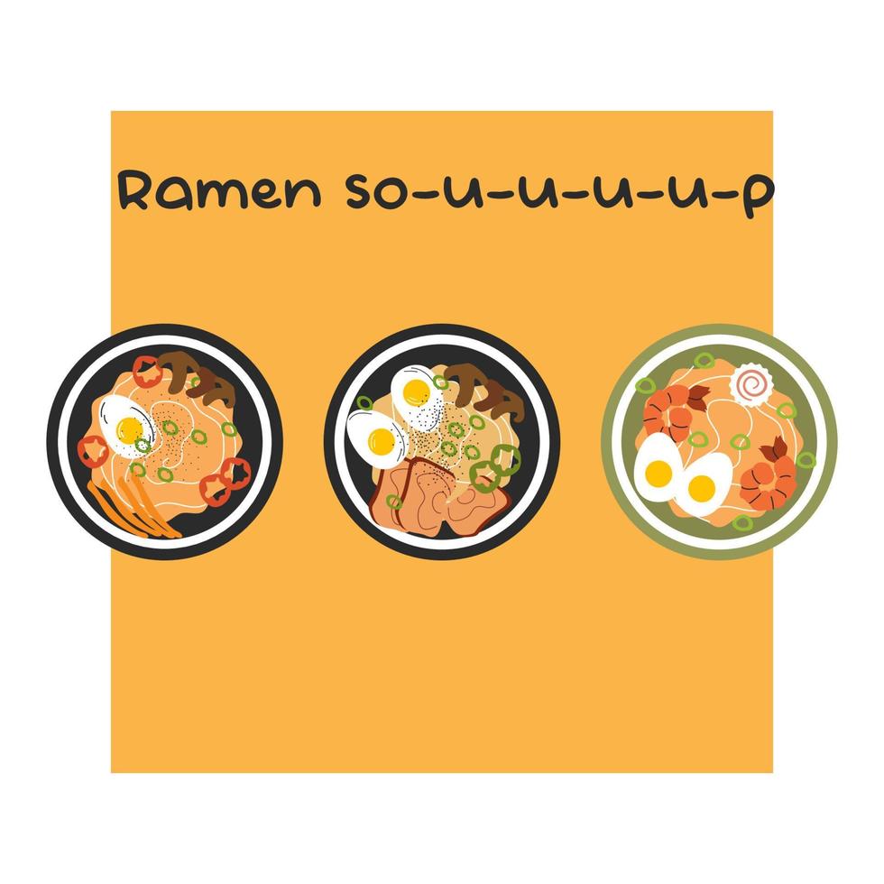 conjunto de ilustraciones de vista superior con platos japoneses de sopa de ramen. ilustración de stock vectorial aislada sobre fondo cuadrado amarillo en estilo plano vector