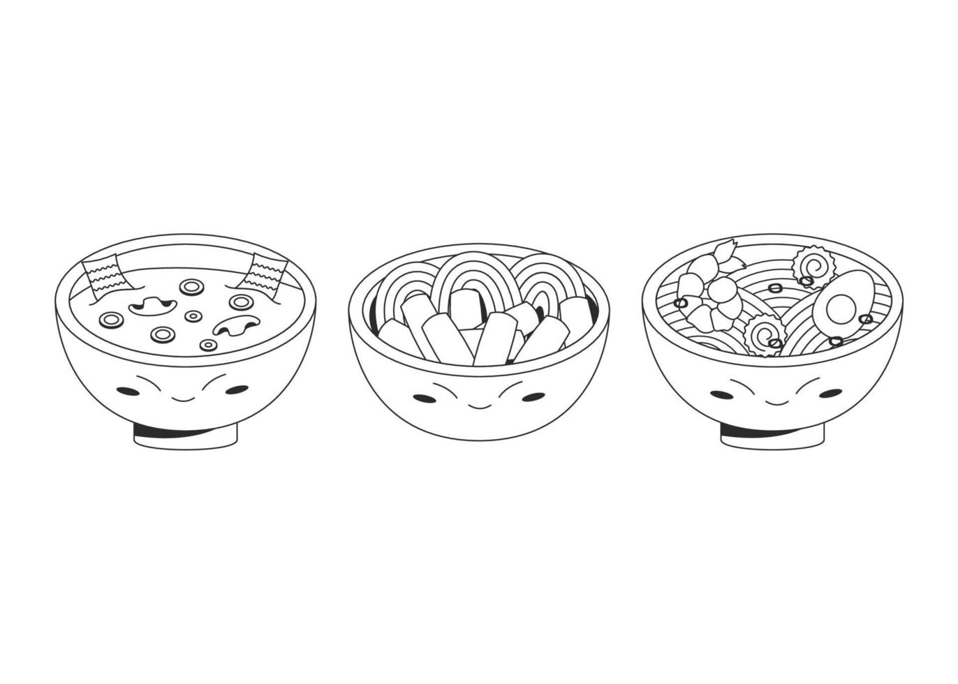 Set of three bowl with asian food Korean miso soup Tteokbokki Japanese ramen Food concept. Vector stock illustration isolated on white background. Outline style