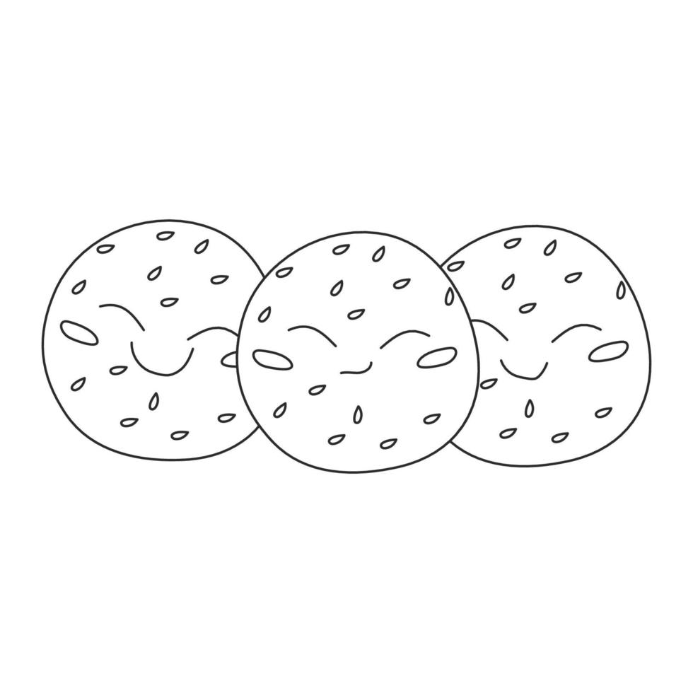 Cute three fried sesame balls illustration in outline style. Vector stock illustration isolated on white background in outline style