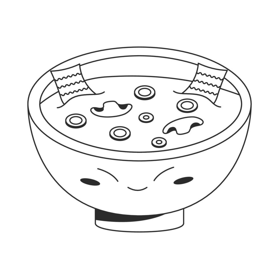 Cute bowl with traditional korean vegan miso soup food illustration with seaweed mushroom green onion. Vector stock illustration isolated on white background. Outline style
