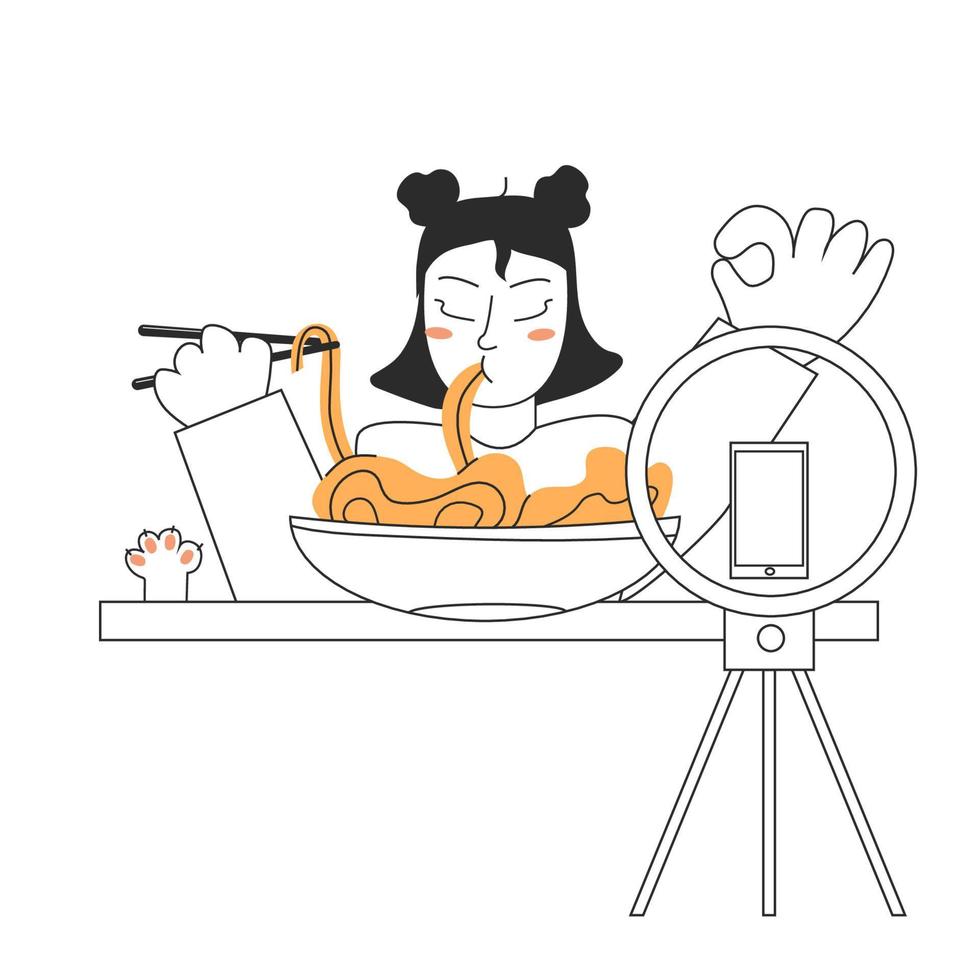 A young woman is filming a broadcast of eating ramen mukbang noodles korean culture. Food concept. Vector stock illustration isolated on white background in flat style