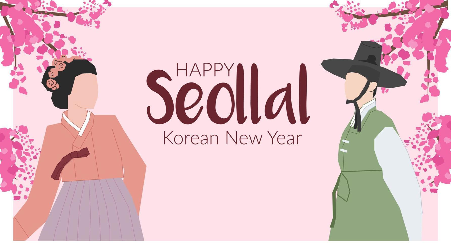 Happy Seollal Korean New Year web banner design with Woman and man in hanbok - korean traditional clothes and and a branch with a pink flower. Vector stock illustration on pink background