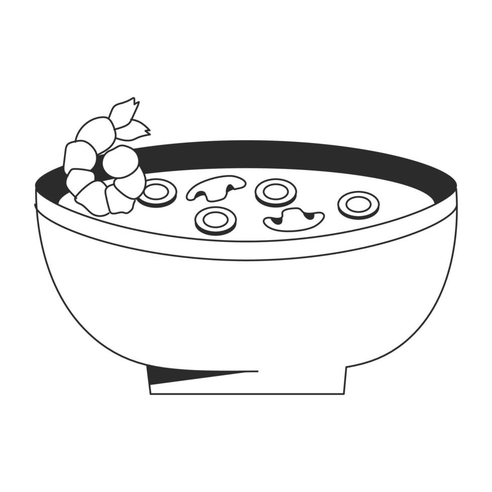 Delicious national miso soup korean food illustration in bowl with mushroom green onion shrimp. Vector stock illustration isolated on white background. Outline style