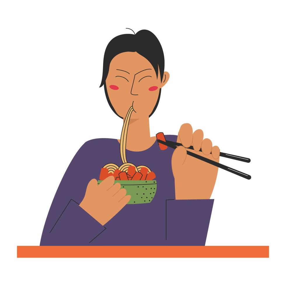 A young boy in a purple sweater is eating delicious Korean food Teokbokki with noodles. Food concept. Vector stock illustration isolated on white background in flat style