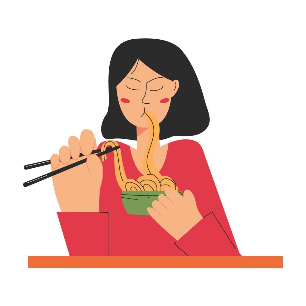 la joven come sabrosos fideos de comida popular japonesa con palillos. concepto de comida ilustración de stock vectorial aislada sobre fondo blanco en estilo plano vector