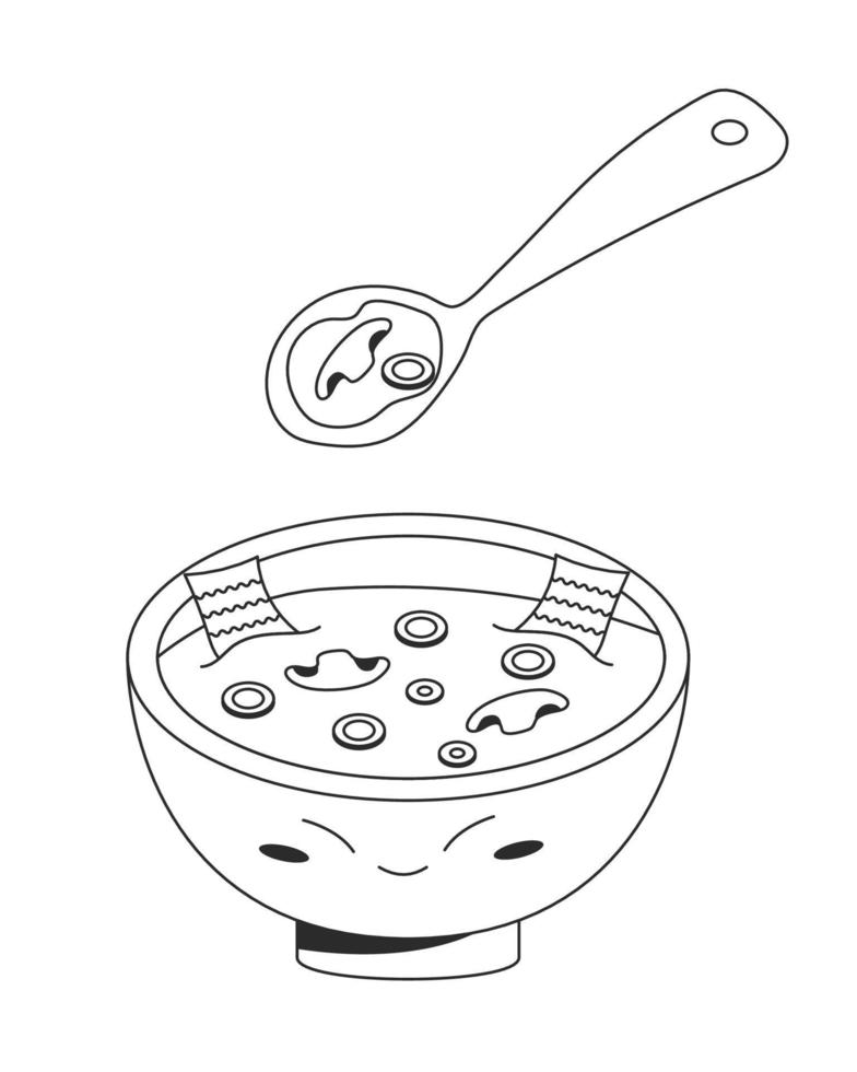 Vegan miso soup korean food illustration in cute bowl with seaweed mushroom green onion with spoon. Vector stock illustration isolated on white background. Outline style
