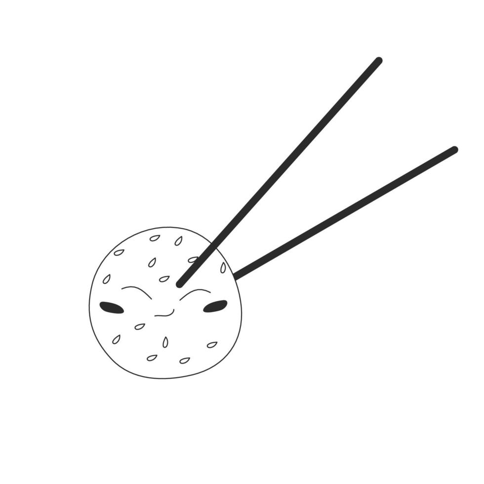 Cute fried sesame ball with face in chopsticks illustration in outline style. Vector stock illustration isolated on white background in outline style