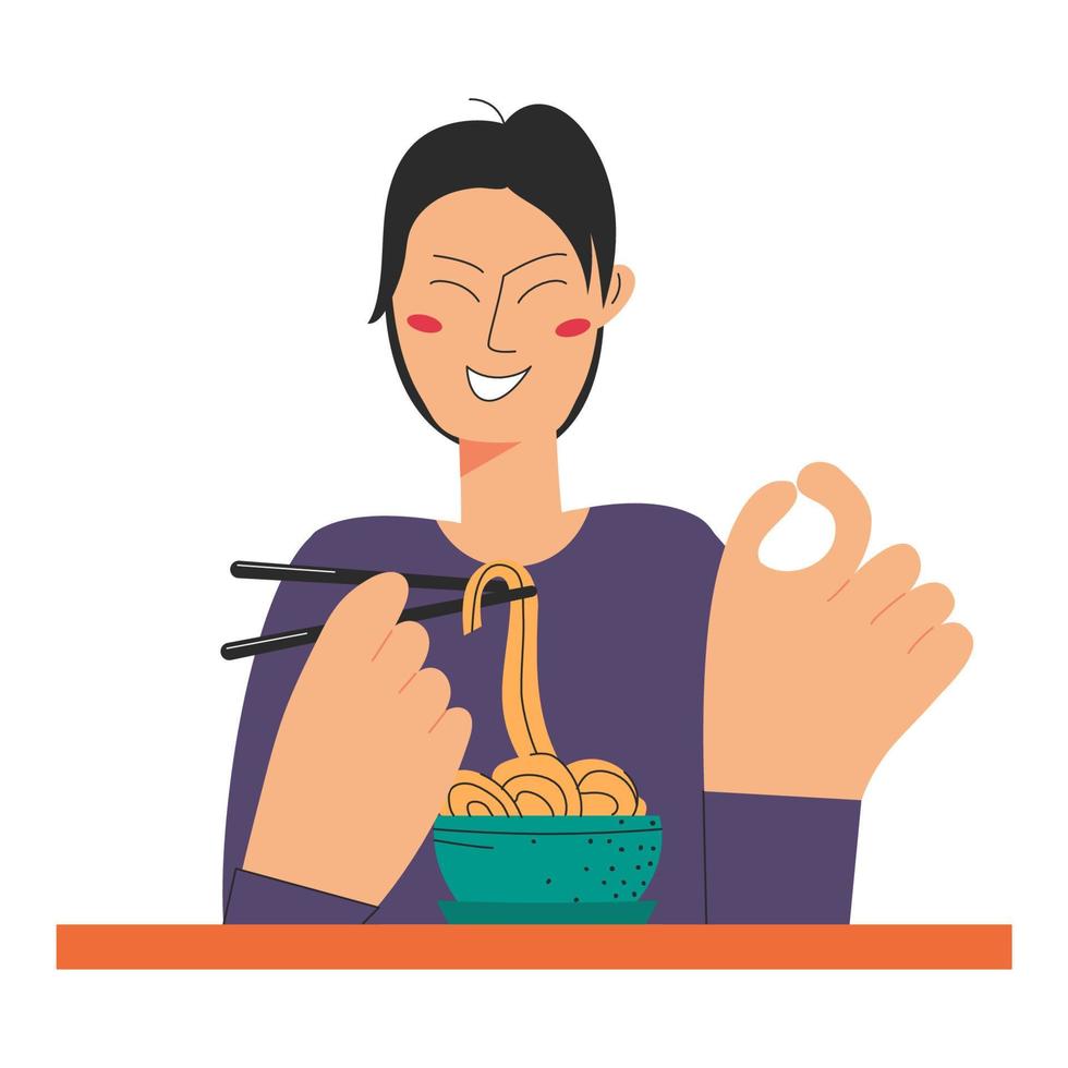 Happy young boy eats Japanese popular food noodles with chopsticks and shows ok sign. Food concept. Vector stock illustration isolated on white background in flat style