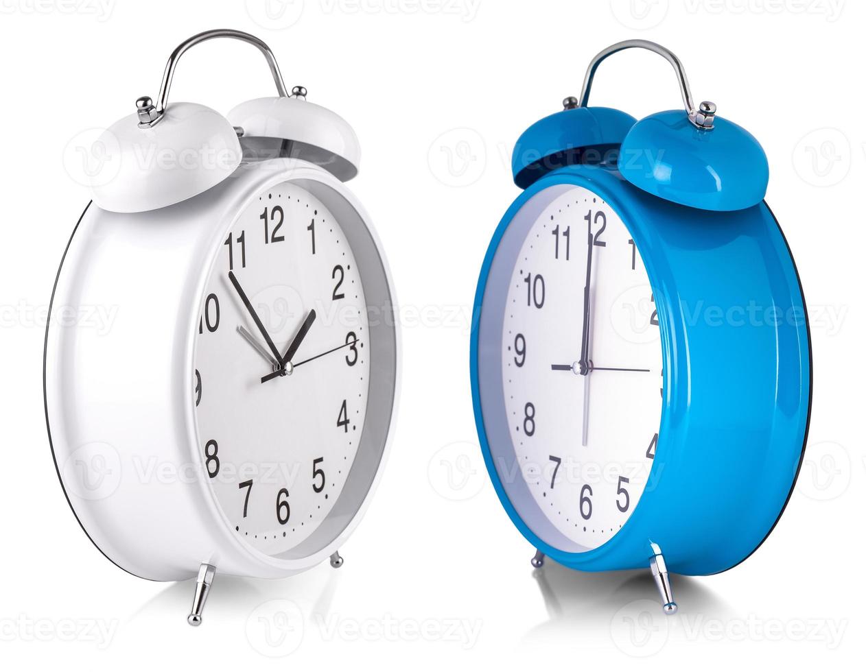 white and blue Alarm clock isolated on white background photo