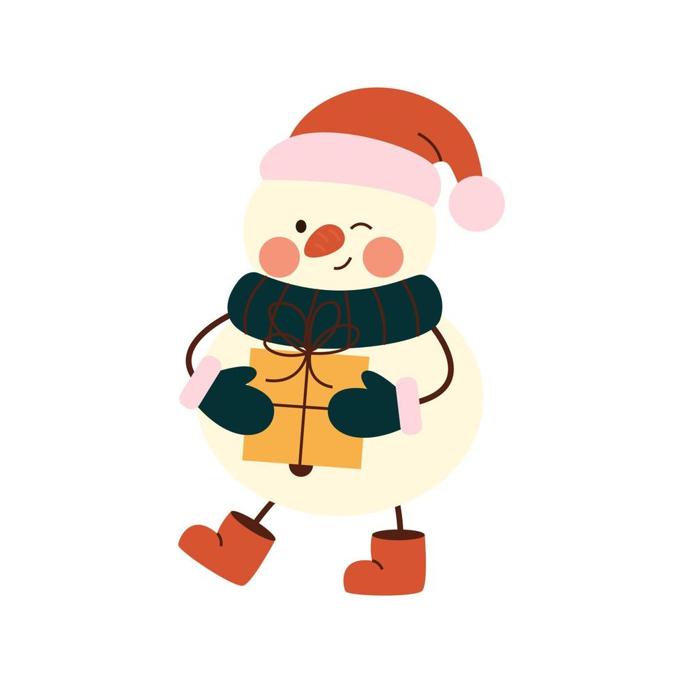 Cute christmas snowmen in warm scarve, mittens. Cheerful happy snowmen in costume and gift standing with legs in boots. Winter holidays snow men. Merry Xmas. vector