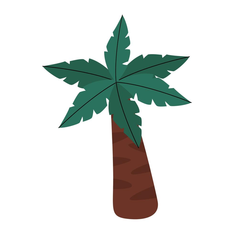 linda palmera con hojas verdes. planta tropical de una ubicación exótica de verano. Fauna de la era jurásica para niños. vacaciones, viaje, viaje, playa. vector
