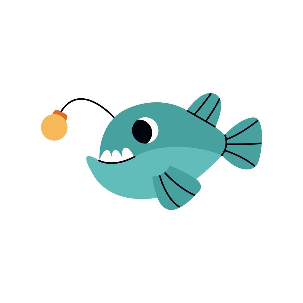 Cute blue anglerfish swimming, marine animal. Inhabitants of sea, ocean underwater life. Childish aquatic mammals print for nursery, kids apparel, poster, postcard, pattern. vector