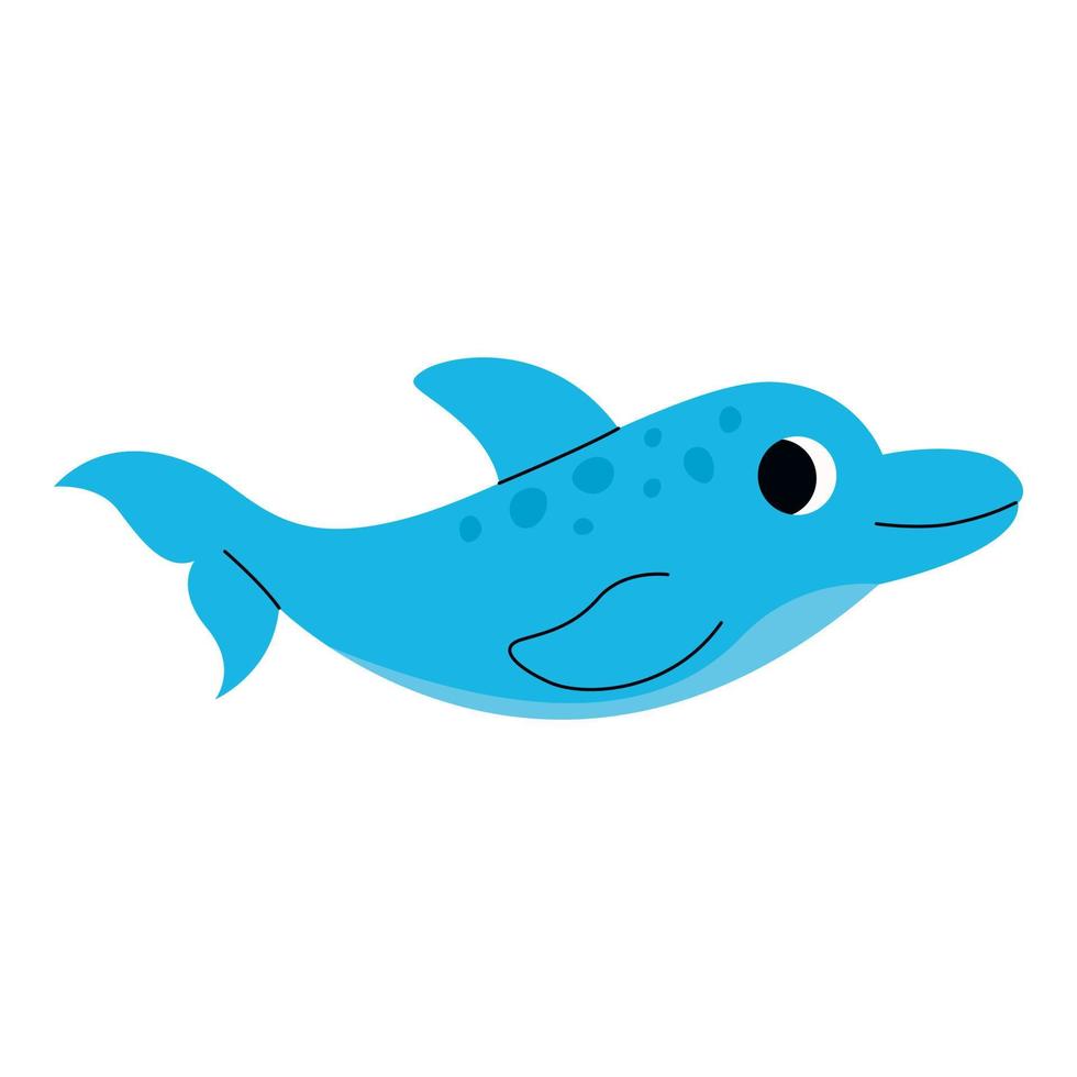 Cute blue dolphin swimming, marine animal. Giant inhabitants of sea, ocean underwater life. Childish aquatic mammals print for nursery, kids apparel, poster, postcard, pattern. vector